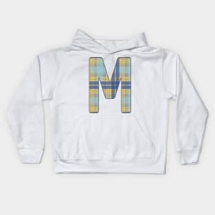 Monogram Letter M, Blue, Yellow and Grey Scottish Tartan Style Typography Design Kids Hoodie